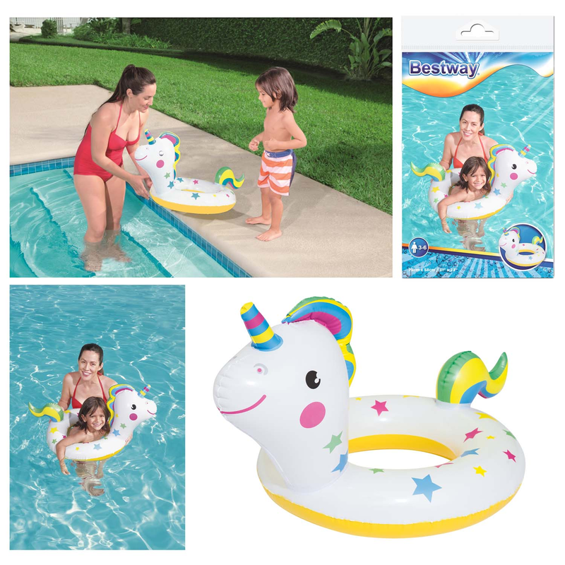 Bestway 36128 - Schwimmring Happy Animal - Aufblastier mit Tierkopf Schwimmtier - Einhorn