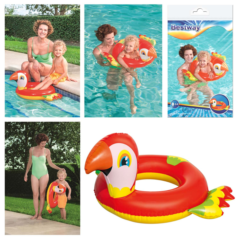 Bestway 36128 - Schwimmring Happy Animal - Aufblastier mit Tierkopf Schwimmtier - Papagei